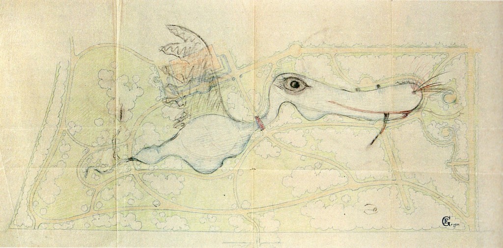 I 1901 lavede Edvard Glæsels denne muntre skitse over parken (KVL's arkiv)